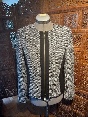 Tahari Black and White Tweed Zip-Front Blazer